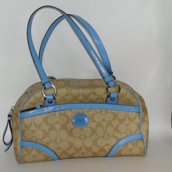 Coach Handbag Purse Blue & Tan Signature Coach Satchel Peyton - Picture 1 of 11